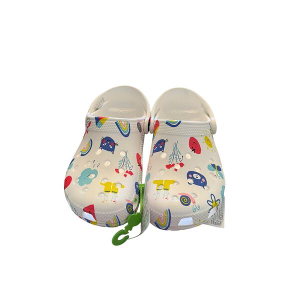 Crocs ﻿Kid's Junior White Multi Classic Doodle Print Clog Shoes Size 3 - Picture 5 of 14
